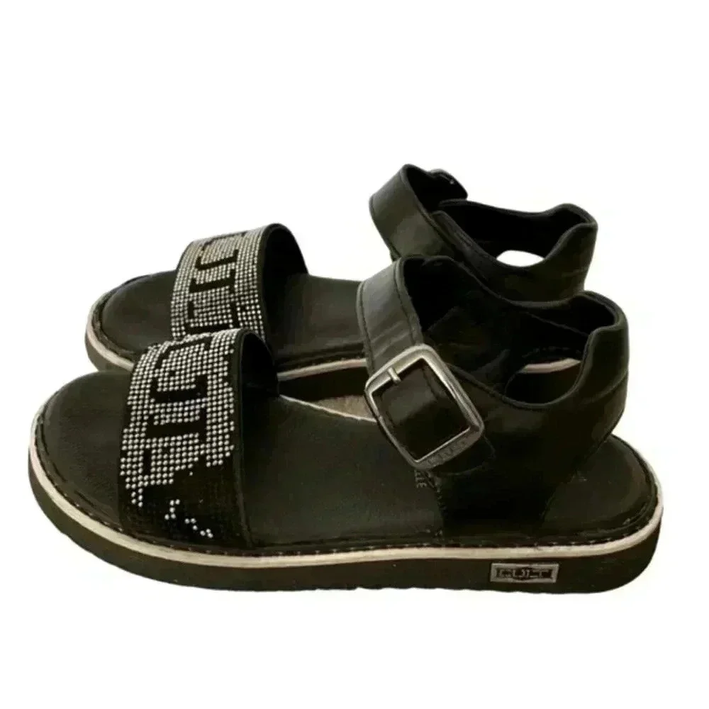 Black Leather Embellished Open Toe Adjustable Strap Closure Big SZ 35 (3.5 US)